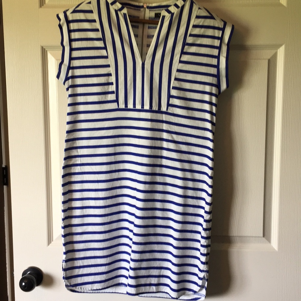 J. Crew White and Royal Blue Striped Midi Dress